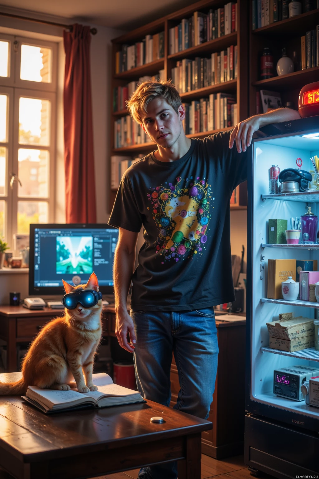 A person and a cat wearing goggles are in a room with a bookshelf and a computer.