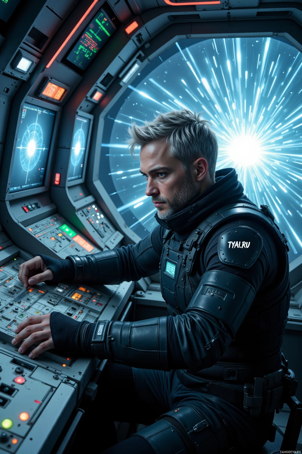 A person in futuristic armor operates a control panel in a spaceship cockpit.