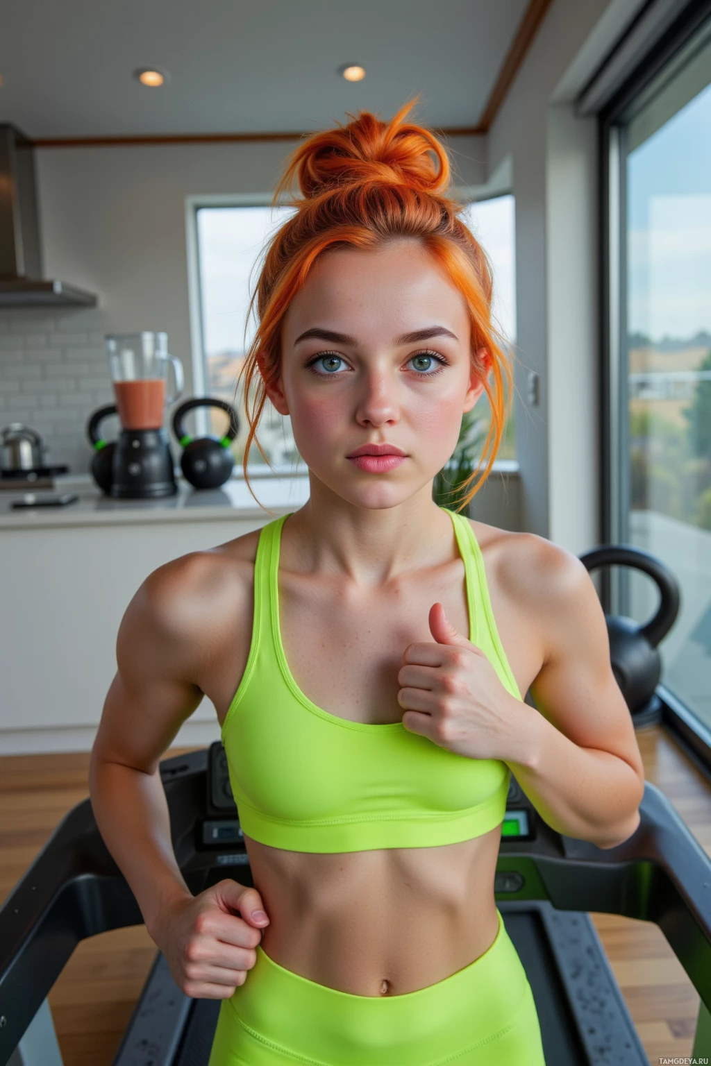 A person in bright green workout attire gives a thumbs-up while standing on a treadmill in a well-lit room with exercise equipment and windows.