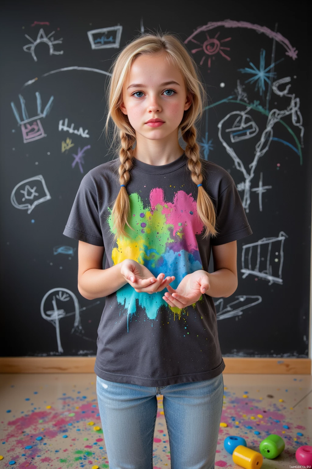 A young girl stands in front of a chalkboard with colorful paint splatters on her shirt and scattered around the floor.