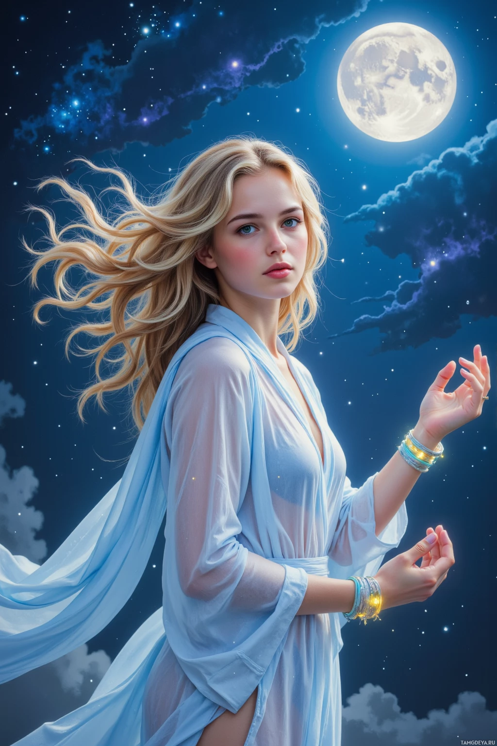 A woman in a flowing blue robe stands under a night sky with a full moon and stars.