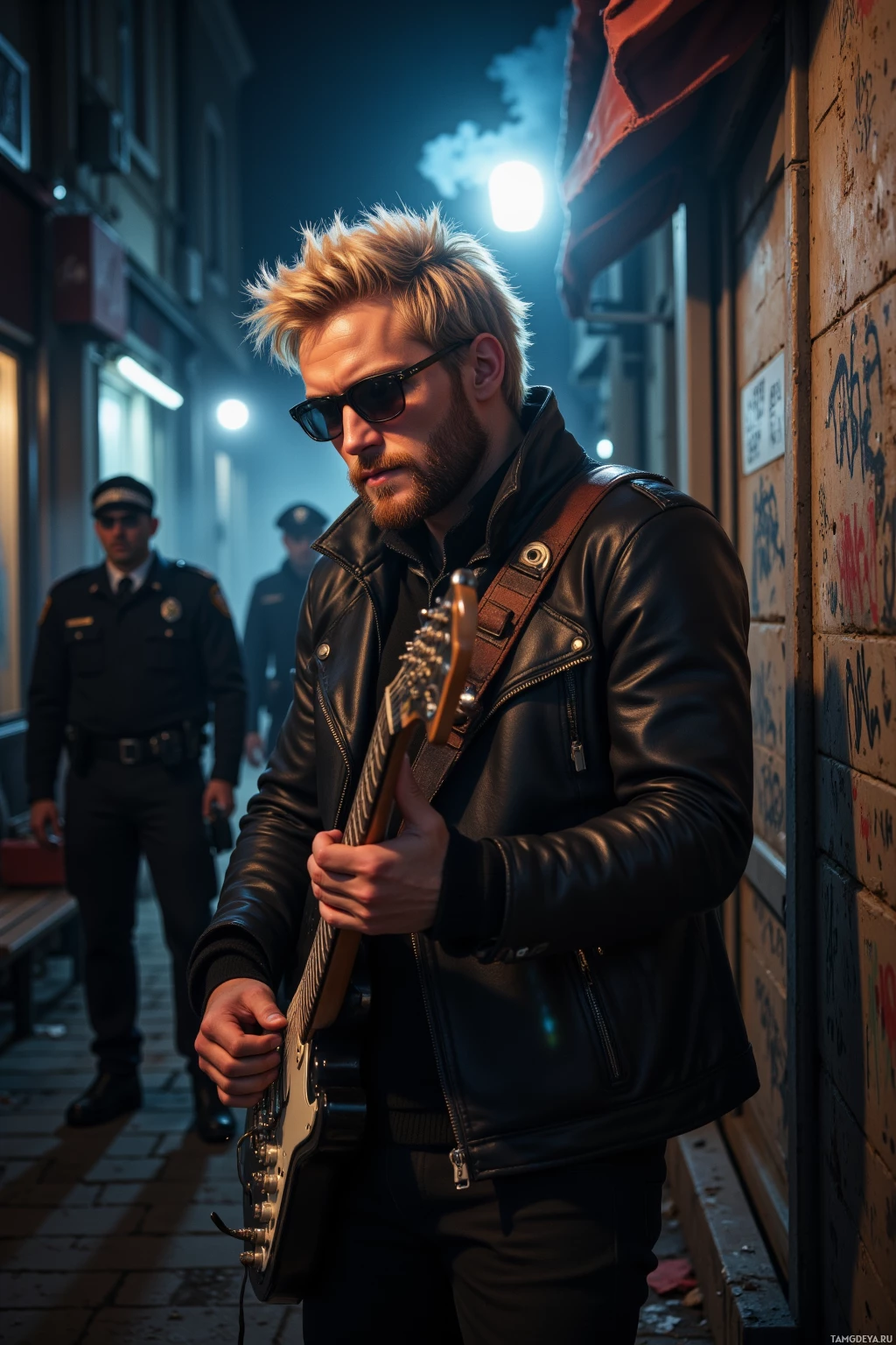 A man in a leather jacket plays an electric guitar in a dimly lit alleyway, with two police officers in the background.