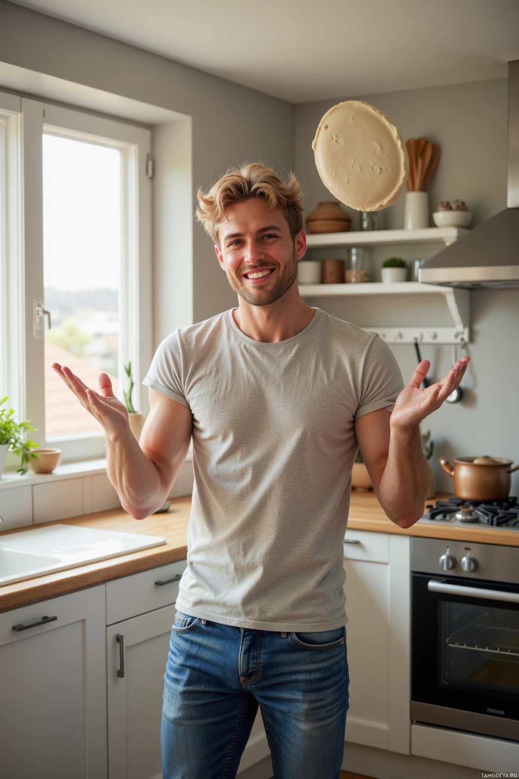 A man in a kitchen smiles while tossing a pie in the air.