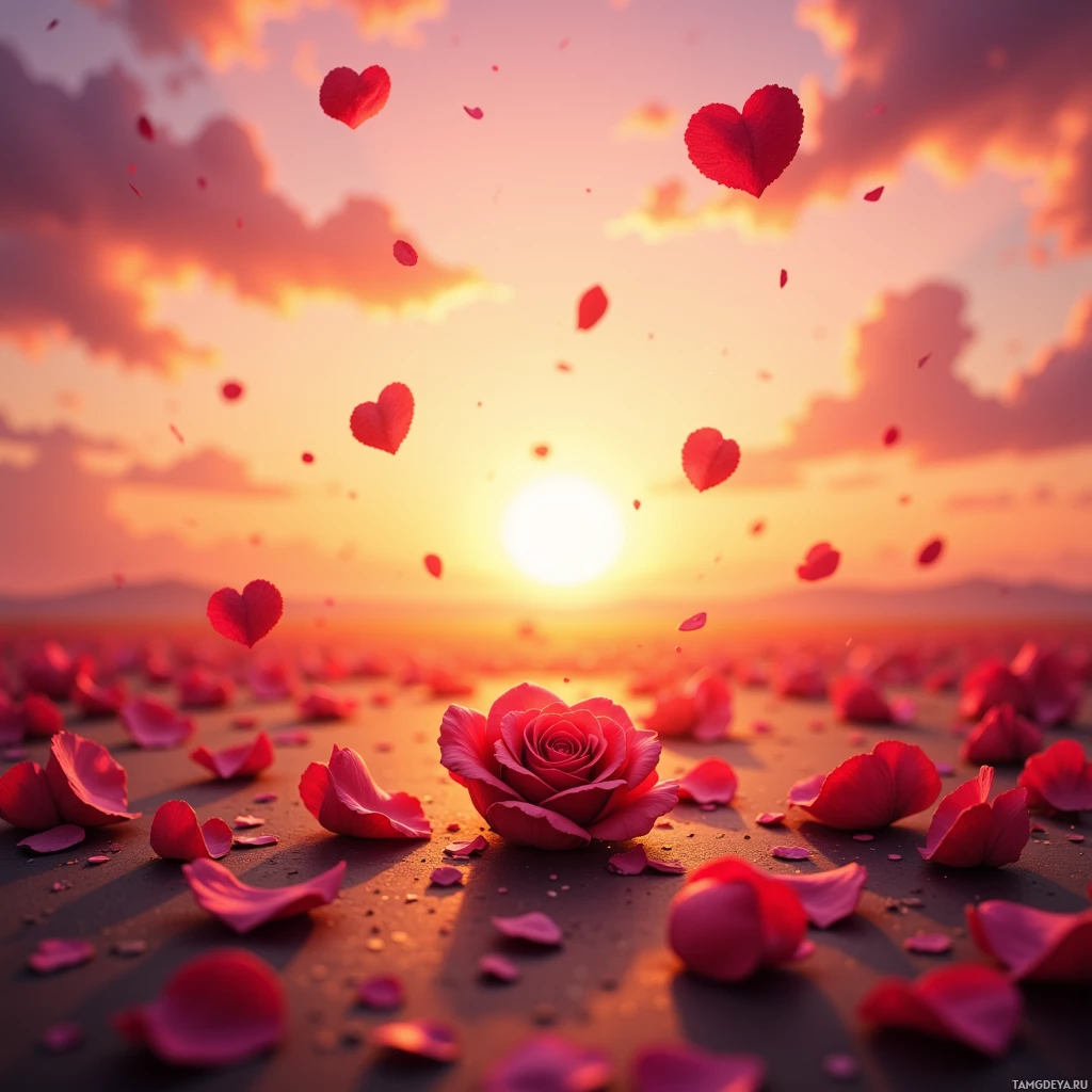 A heart-shaped rose and scattered petals against a sunset sky.