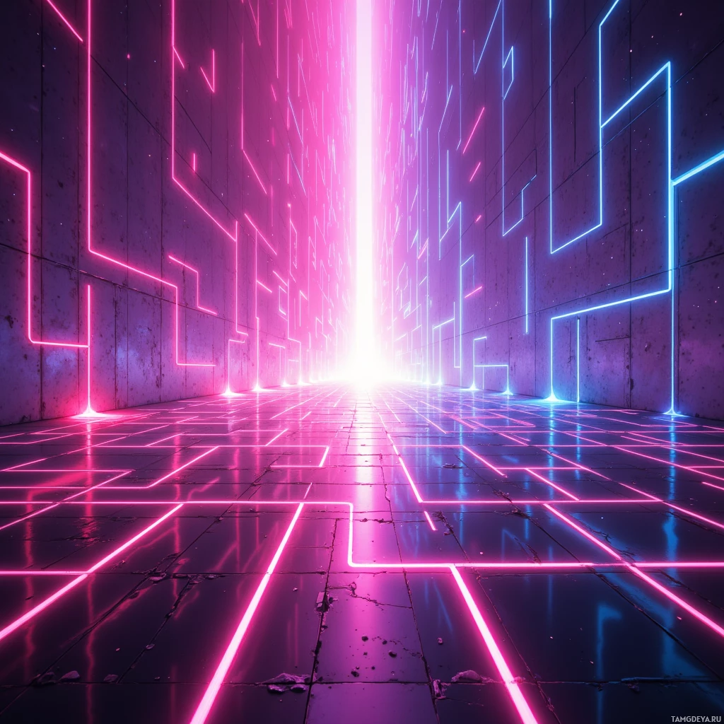 A neon-lit corridor with glowing lines and a bright light at the end.