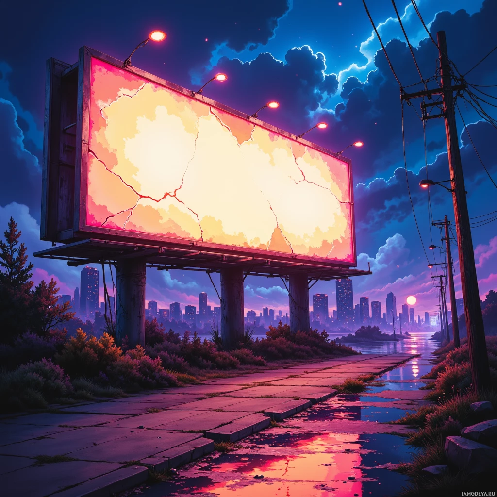 A billboard with cracked glass stands against a cityscape under a vibrant twilight sky.