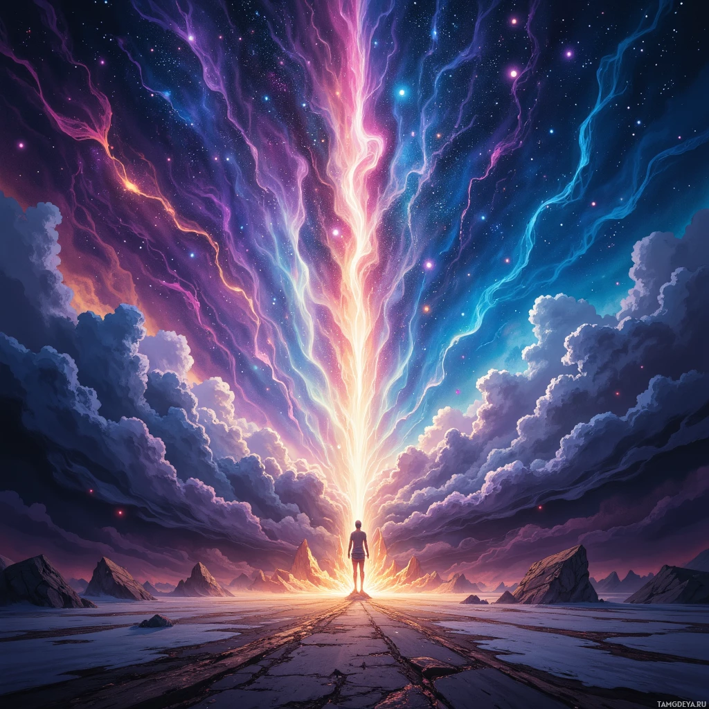 A person stands at the end of a cracked path, gazing upward at a vibrant, cosmic sky filled with streaks of light and stars.