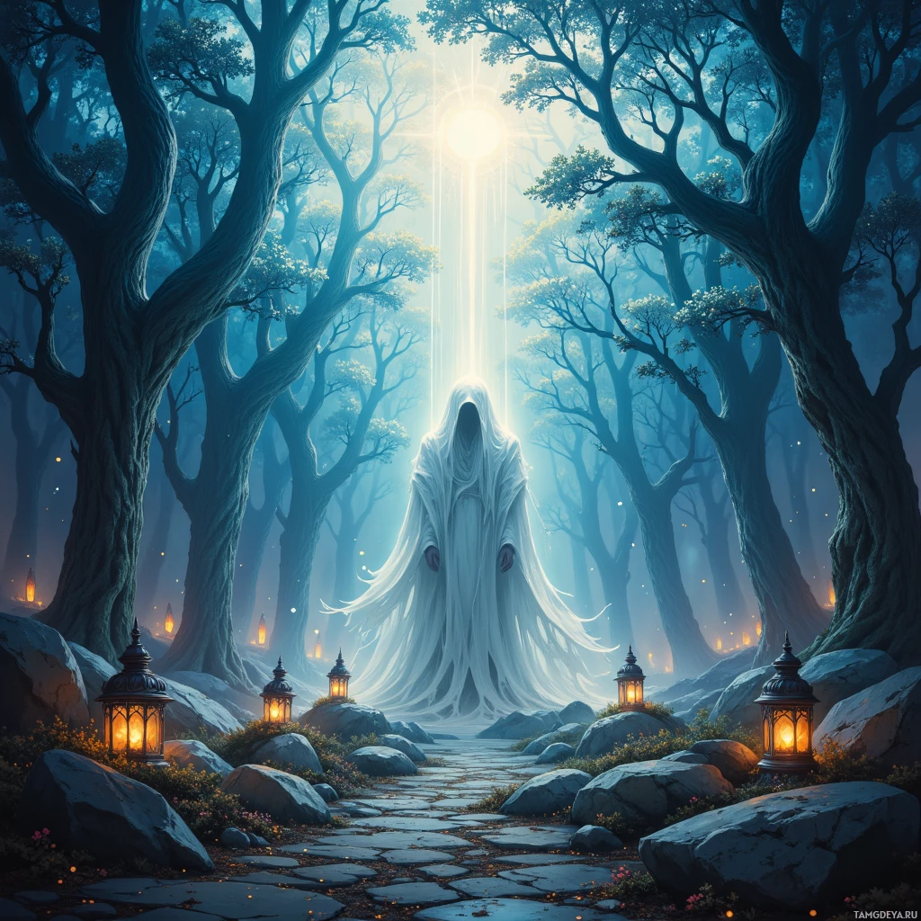 A serene forest scene with a glowing figure in white robes standing amidst tall trees and lanterns lining a stone path.