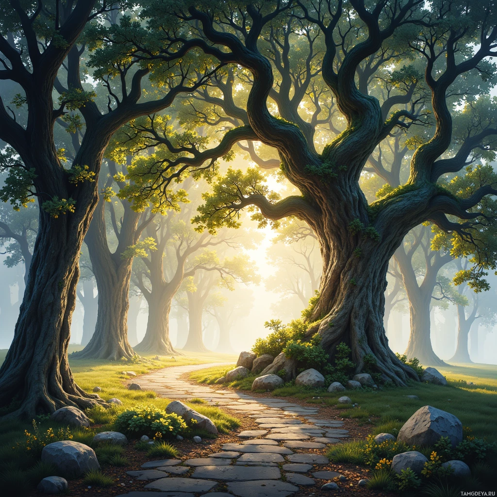 A serene forest scene with a stone path winding through tall trees and soft sunlight filtering through the leaves.