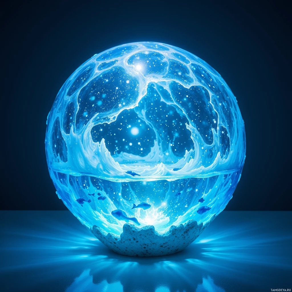 A glowing blue sphere with an underwater scene inside, featuring fish and star-like lights.
