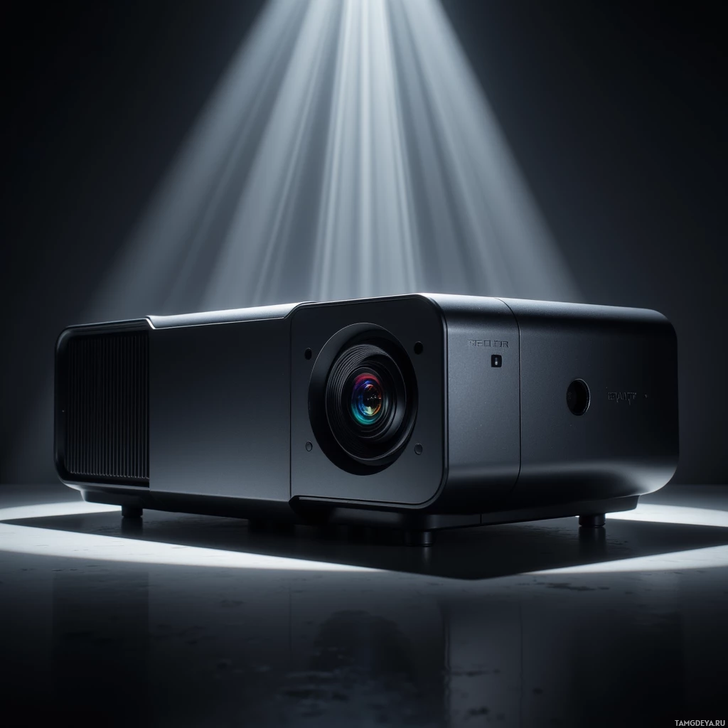 A sleek black projector with a prominent lens is illuminated by beams of light against a dark background.