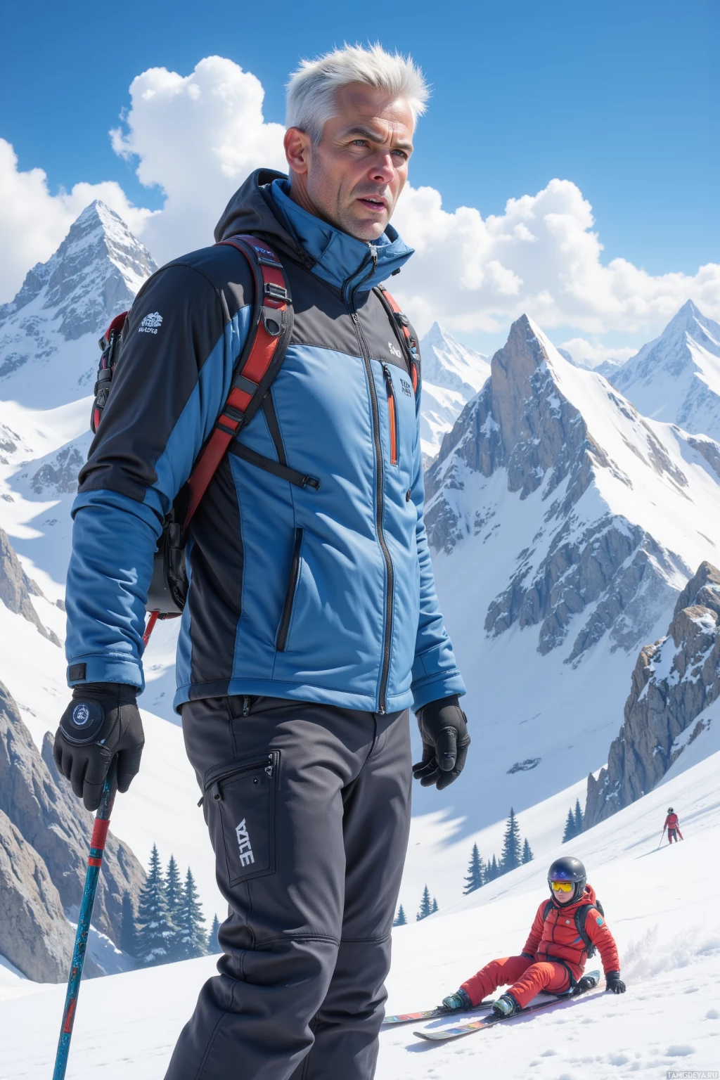 A man in ski gear stands on a snowy mountain slope with another skier sitting nearby and snow-covered peaks in the background.