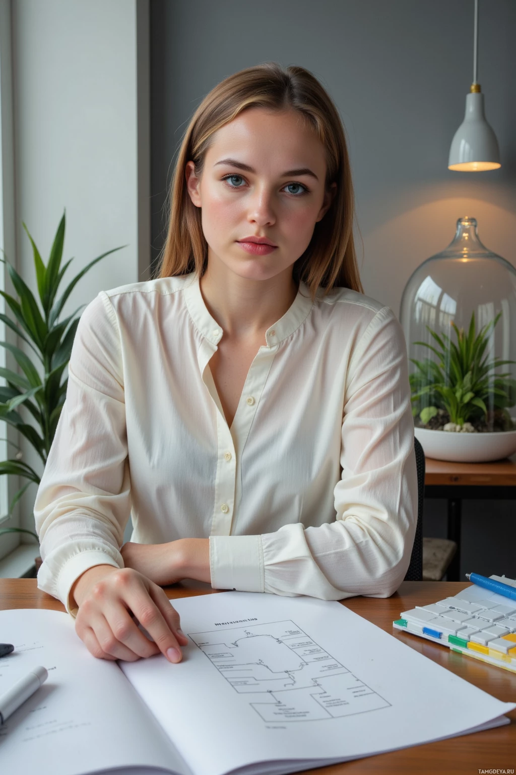 A woman sits at a desk with a flowchart and a keyboard, in a modern office setting.
