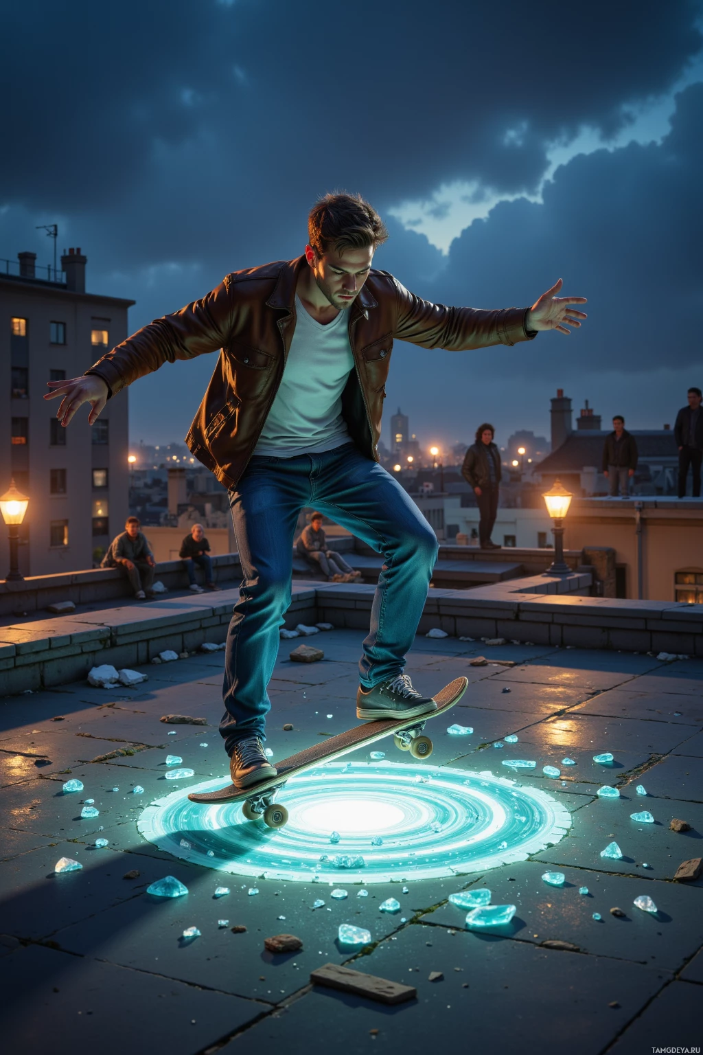 Realistic high quality photo. Nighttime rooftop scene in an urban neighborhood, a 32‑year‑old man with short light brown hair, blue eyes and fair skin wearing a brown leather jacket over a white shirt and blue jeans, mid‑ollie on a skateboard while pausing to arrange discarded glass shards into a shimmering ripple, his crew watching from adjacent rooftops laughing beneath subtle streetlamps.