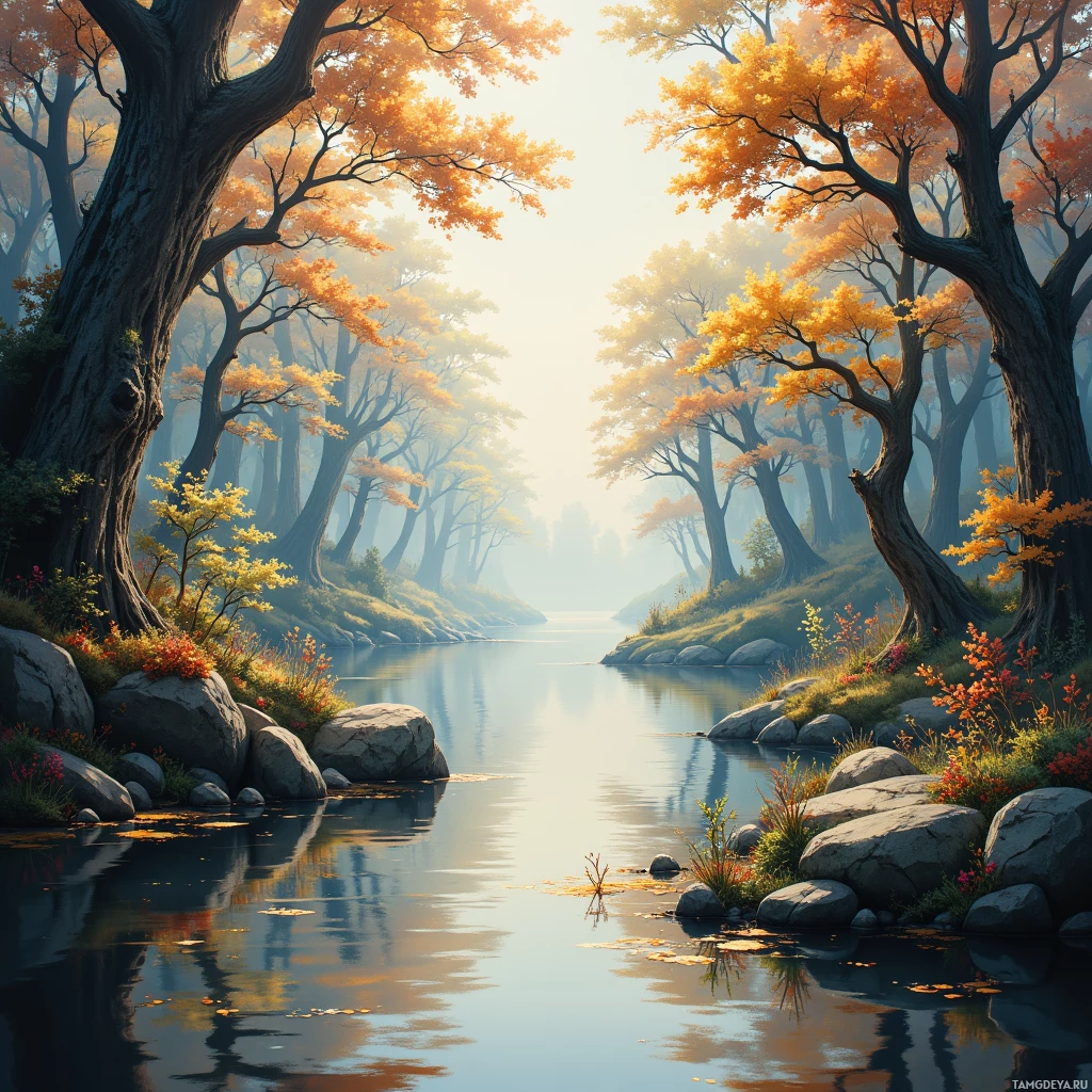 A serene autumn landscape featuring a calm river surrounded by trees with golden leaves and rocky banks.
