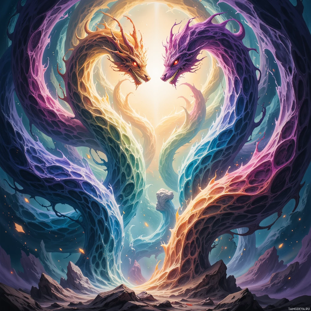 Two dragons face each other in a cosmic setting with vibrant colors and glowing particles.