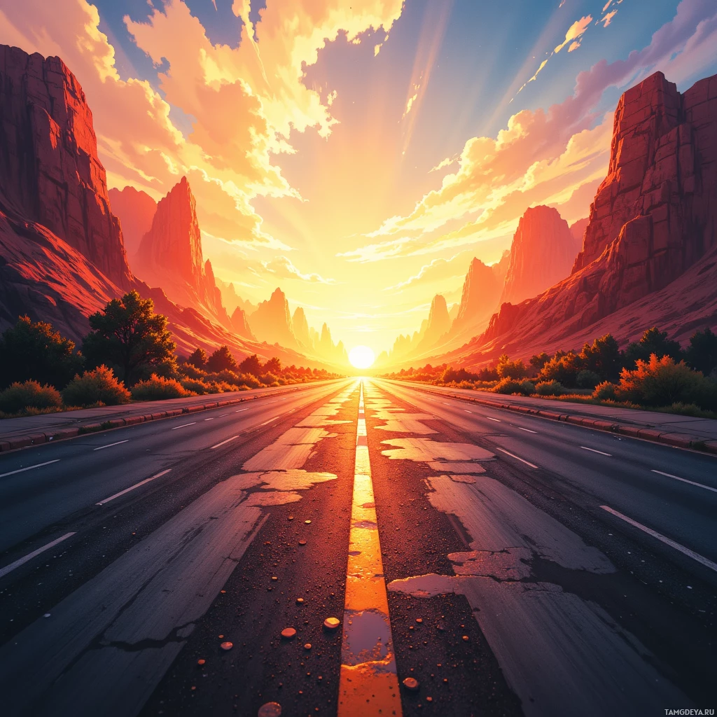 A scenic view of a road leading towards a sunset with dramatic rock formations on either side.