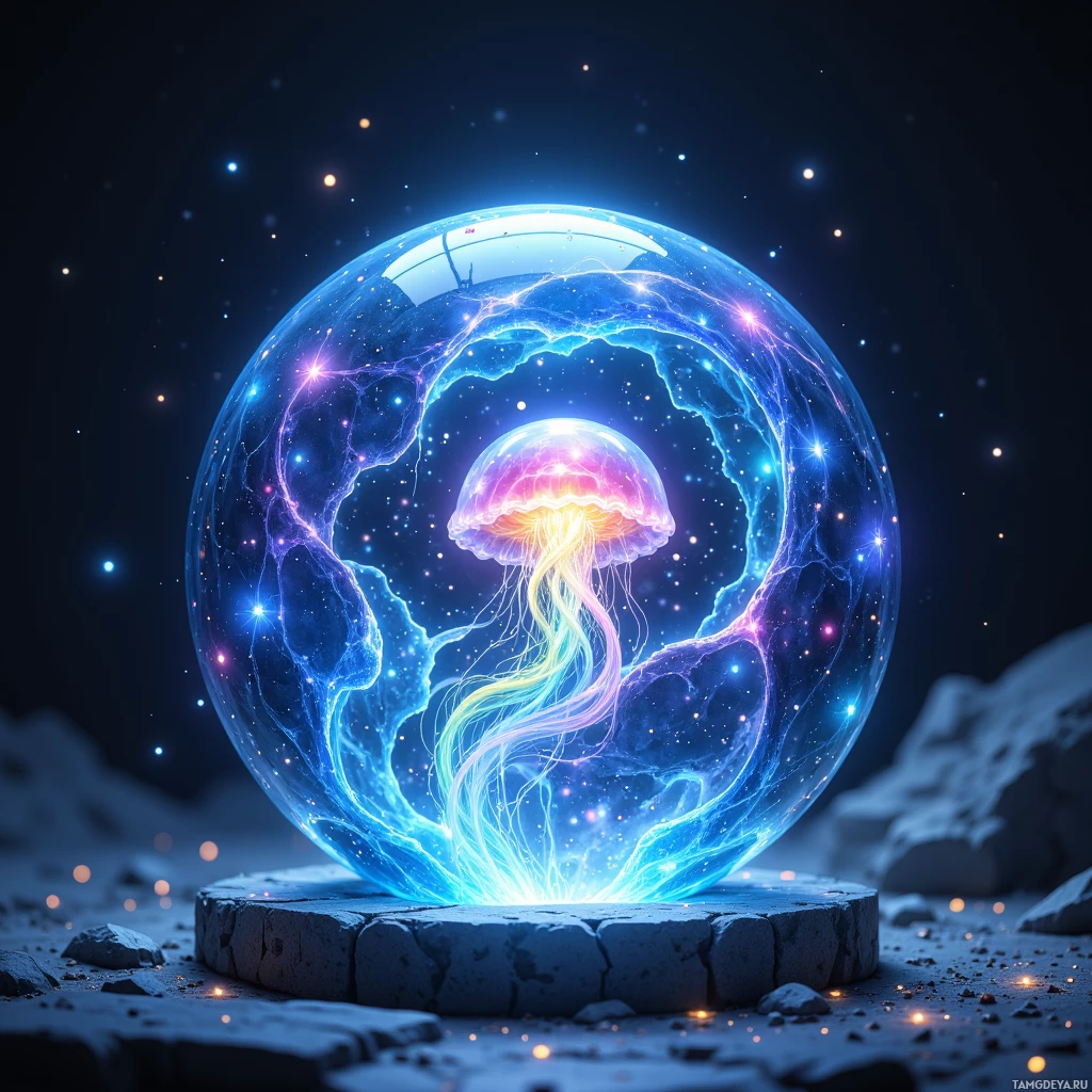 A glowing jellyfish inside a transparent sphere with cosmic patterns, set against a dark, starry background.
