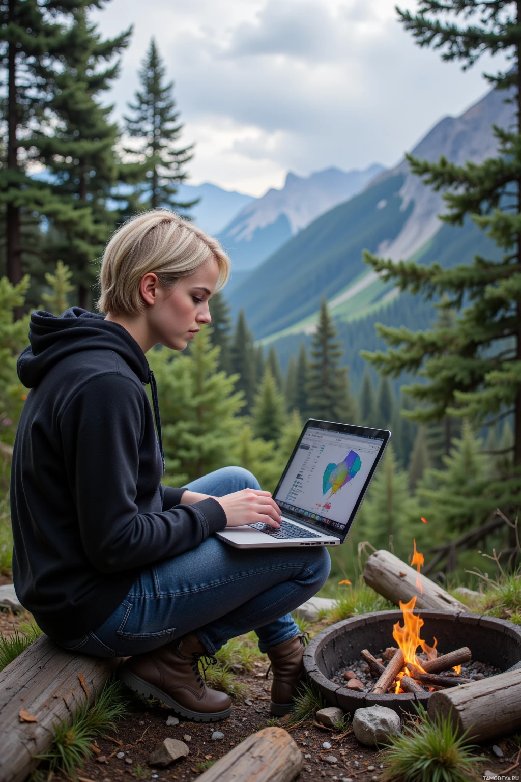 A person sits by a campfire in a forested mountain setting, using a laptop.