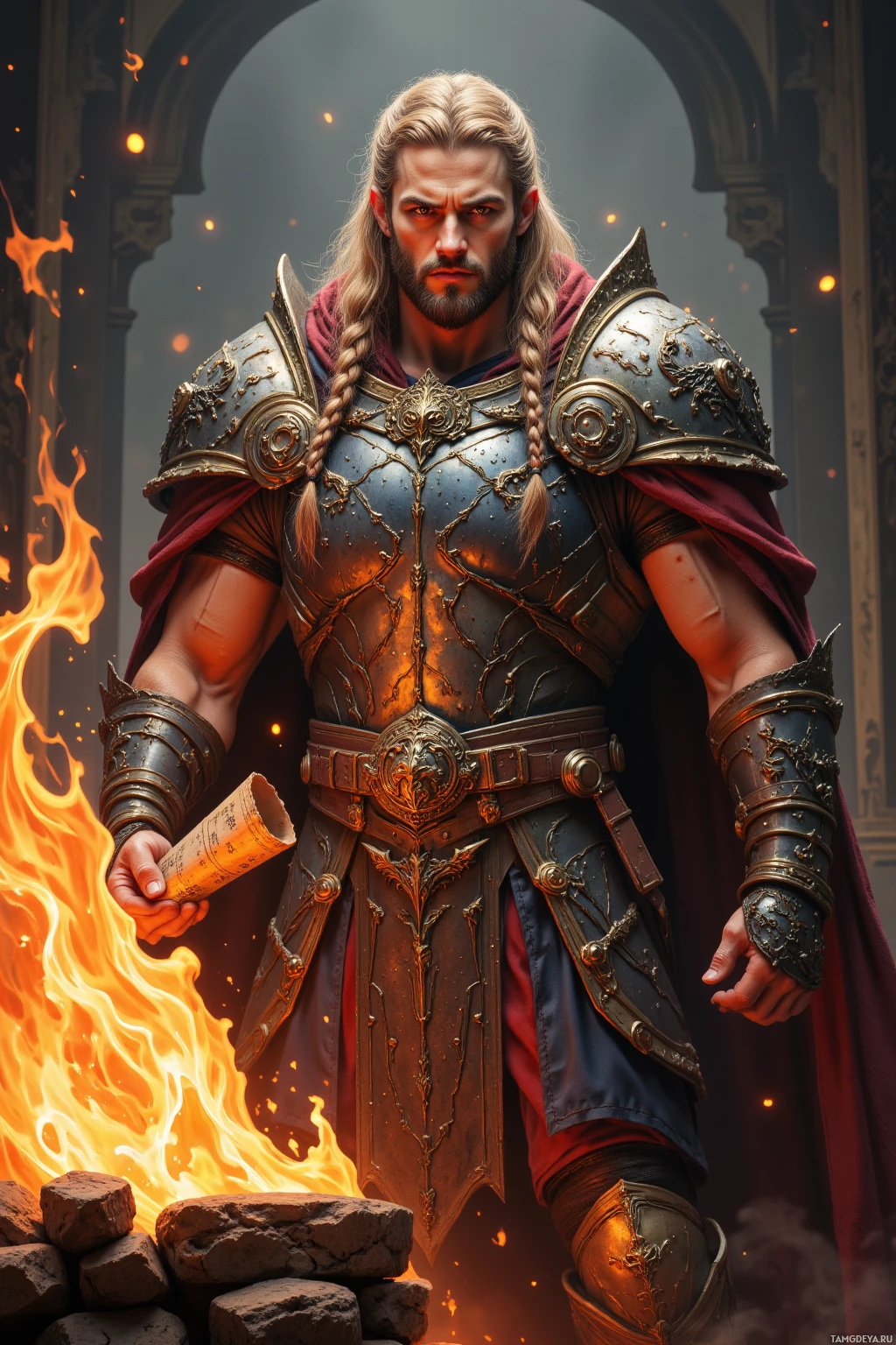 Realistic high quality photo. A tall muscular man with long braided blonde hair and golden eyes in intricate dragon‑motif armor, cape and gauntlets stands guard beside a roaring forge, clutching ancient scrolls while embers swirl around him.