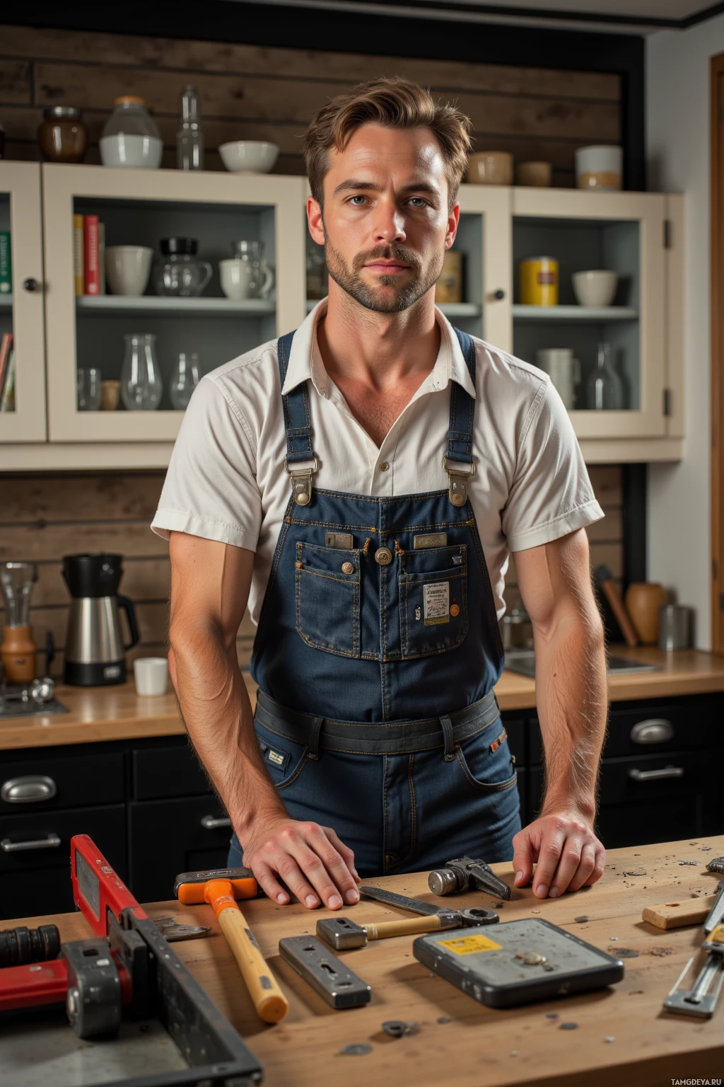 A man in denim overalls stands in a kitchen with various tools on a table.