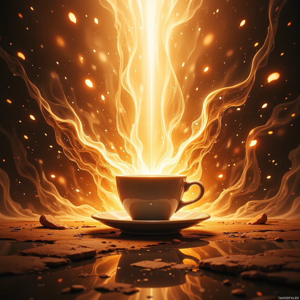 A glowing cup of coffee emits radiant energy and sparks against a dark background.