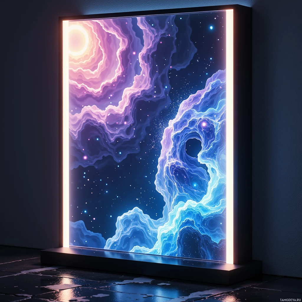 A glowing artwork featuring swirling cosmic patterns in shades of blue and purple against a starry background.