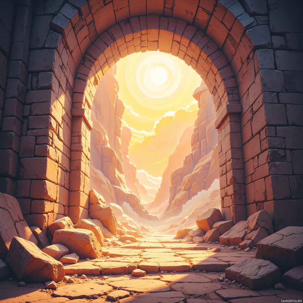 A stone archway frames a bright, sunlit desert landscape.