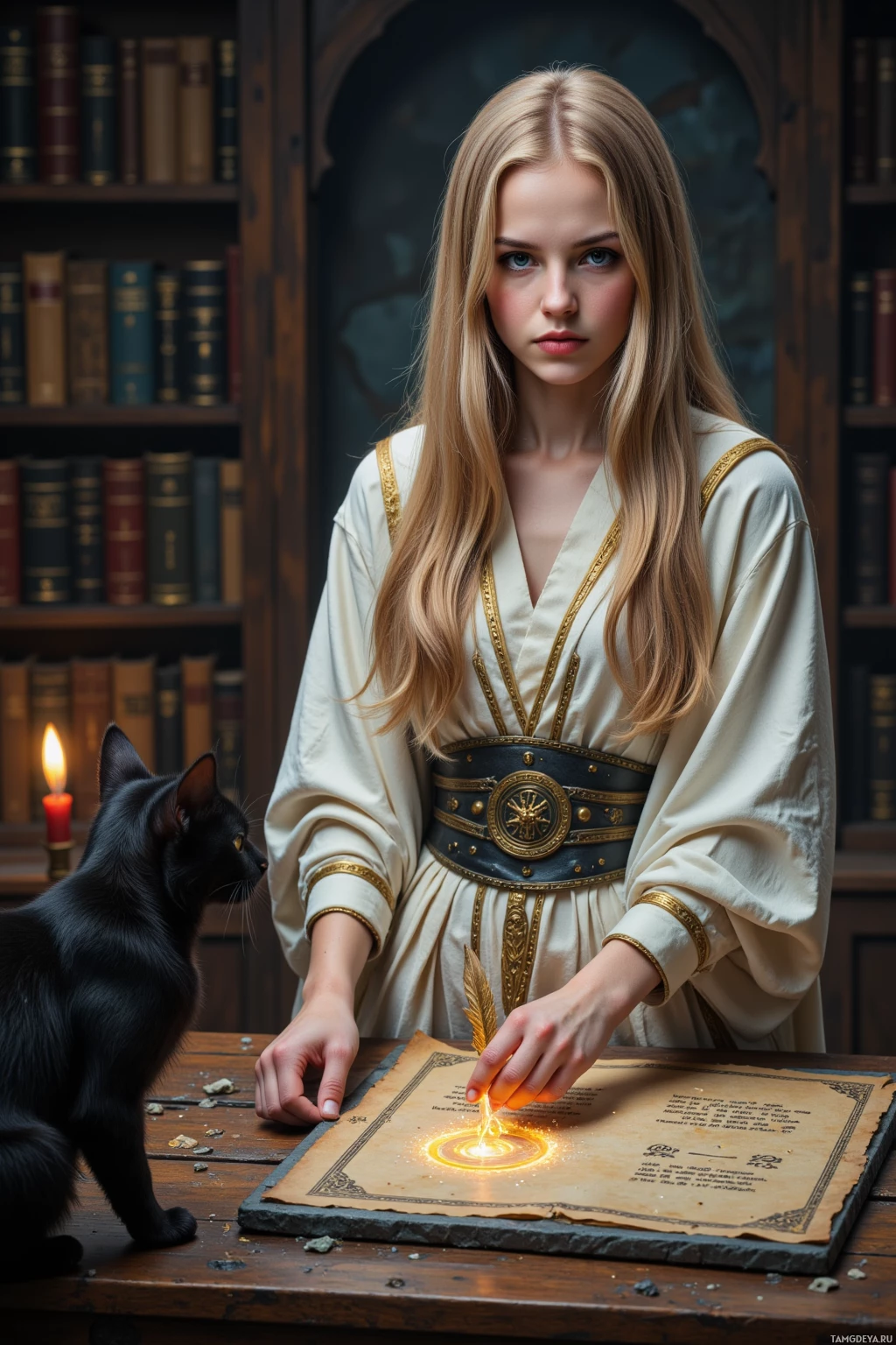 A person in an ornate robe stands at a table with a glowing orb and a black cat nearby.