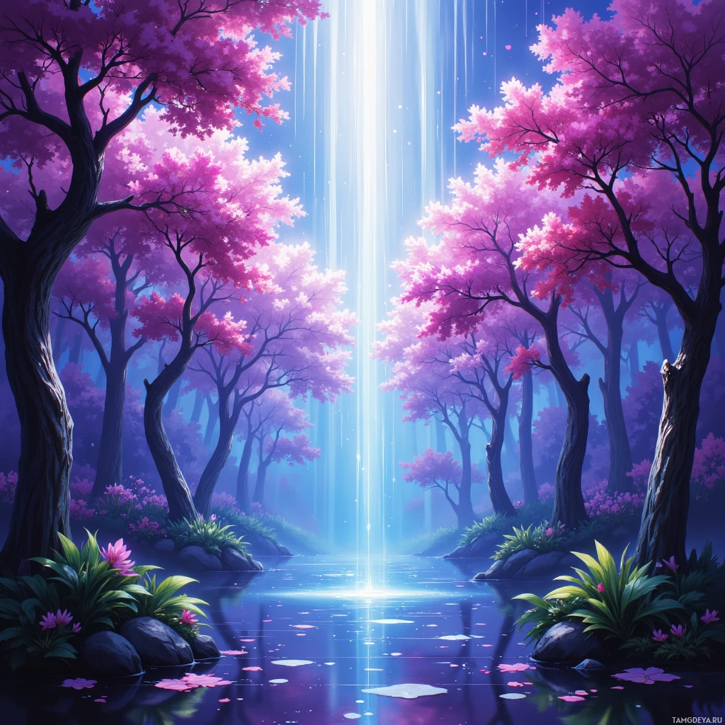 A serene forest scene with vibrant pink blossoms and a glowing light beam reflecting on calm water.