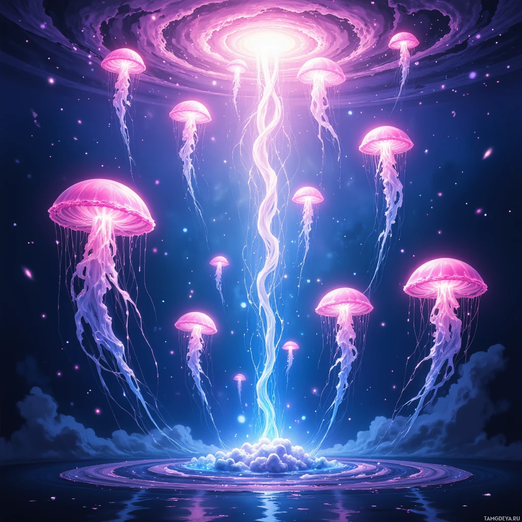 Semi-abstract image with many empty light space at center of beautiful background, that is suitable for the post:  Electric dreams ripple like neon jellyfish, chasing tomorrow's pulse.