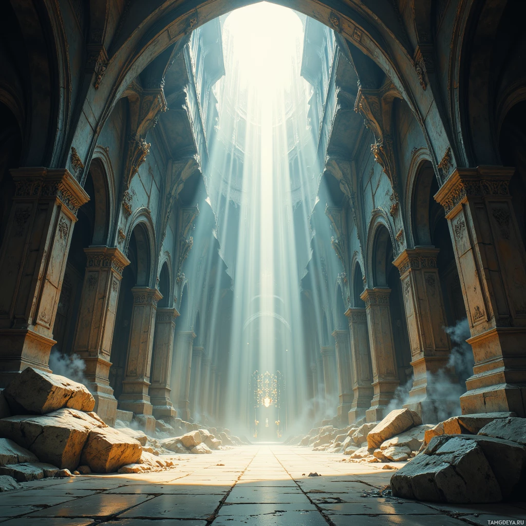 A grand, sunlit interior of an ancient, possibly ruined, cathedral with beams of light streaming through a central archway.