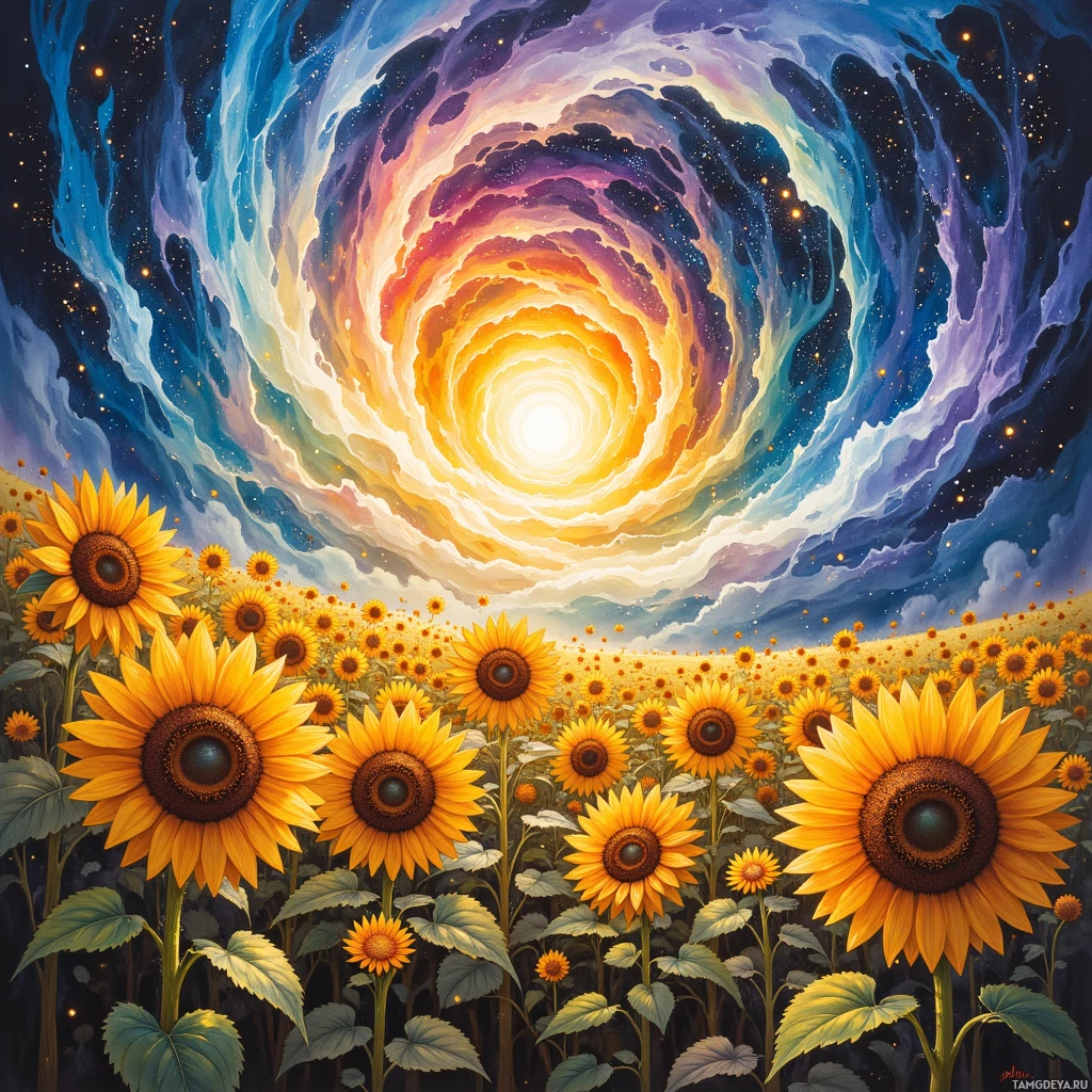 A vibrant field of sunflowers under a swirling cosmic sky.