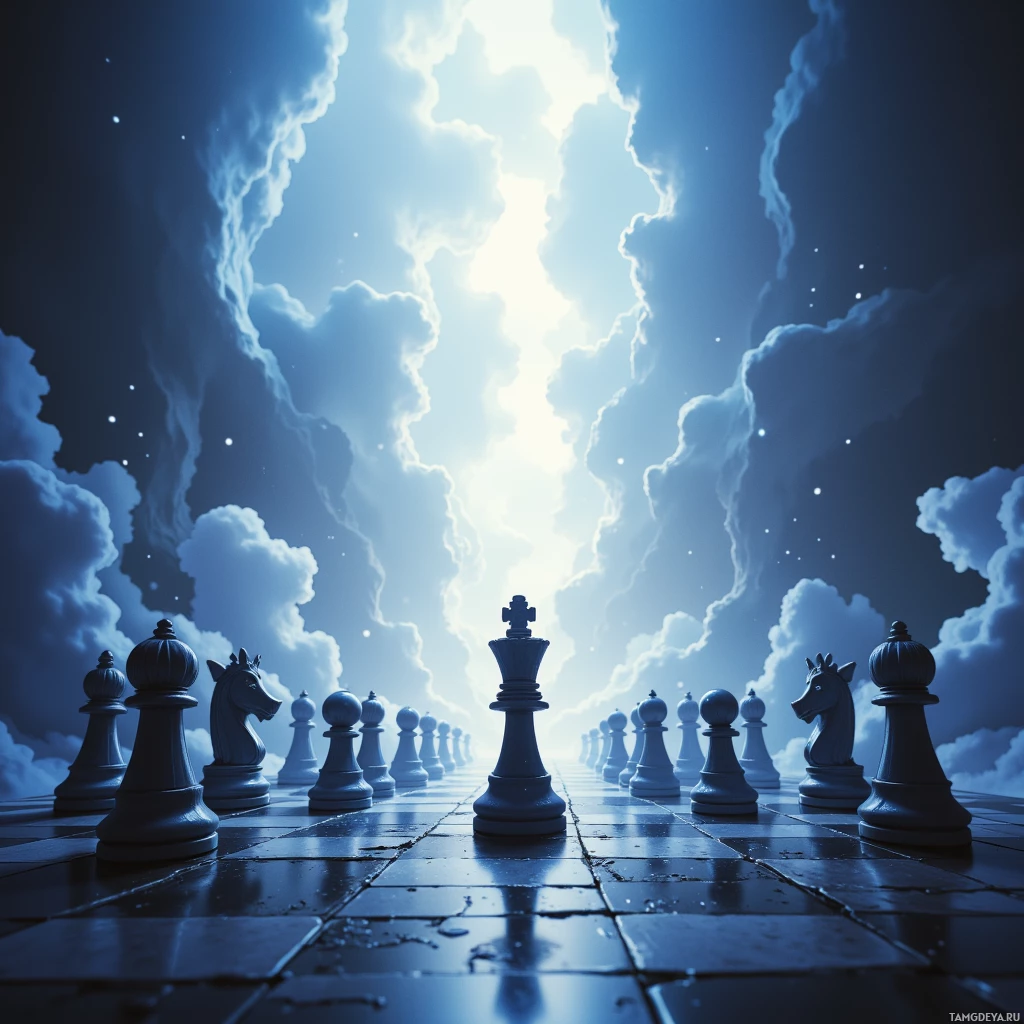 A chessboard under a dramatic sky with clouds and sunlight breaking through.