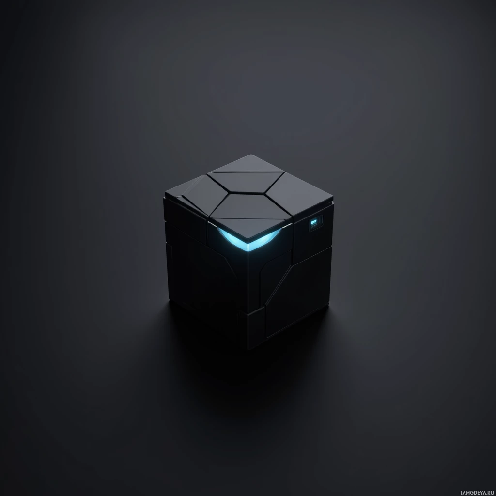 A sleek, black cube with glowing blue lights on a dark background.