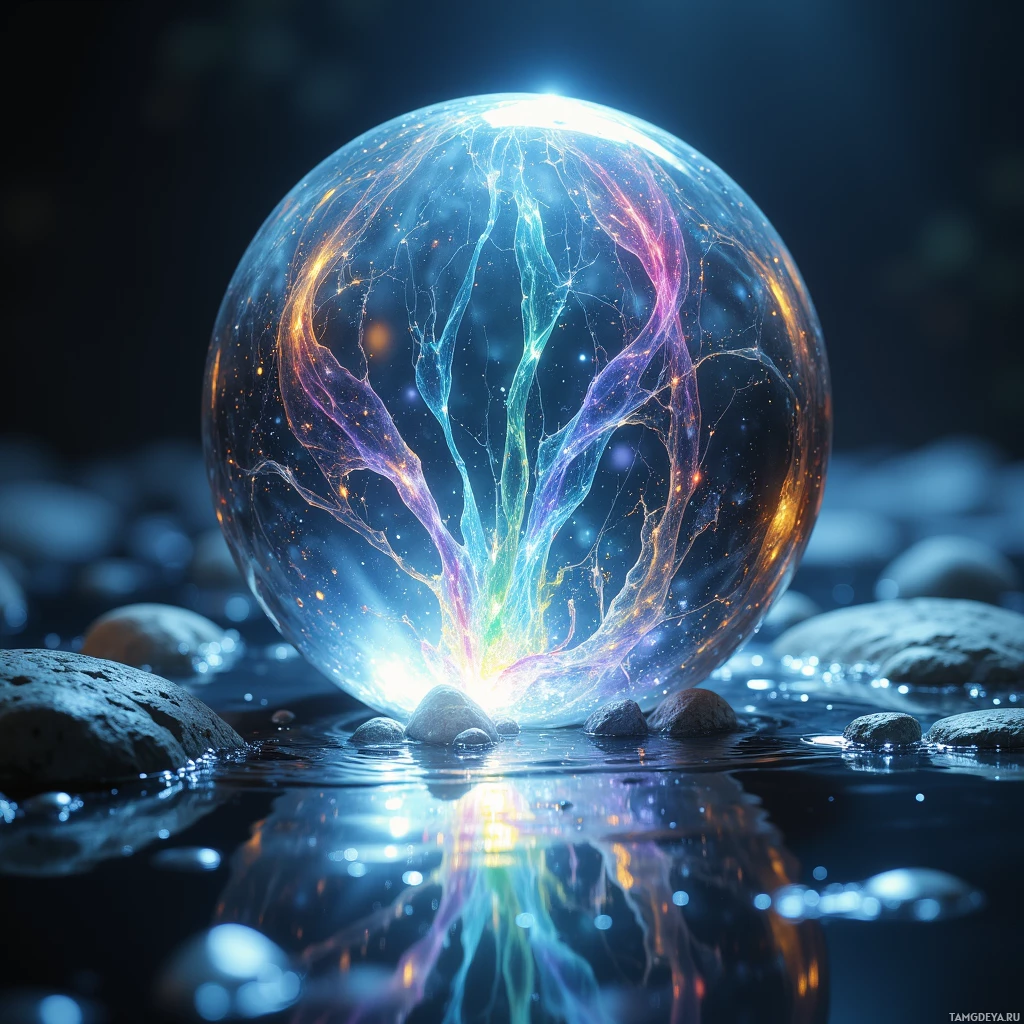 A glowing, colorful sphere rests on rocks surrounded by water, emitting vibrant light and reflections.