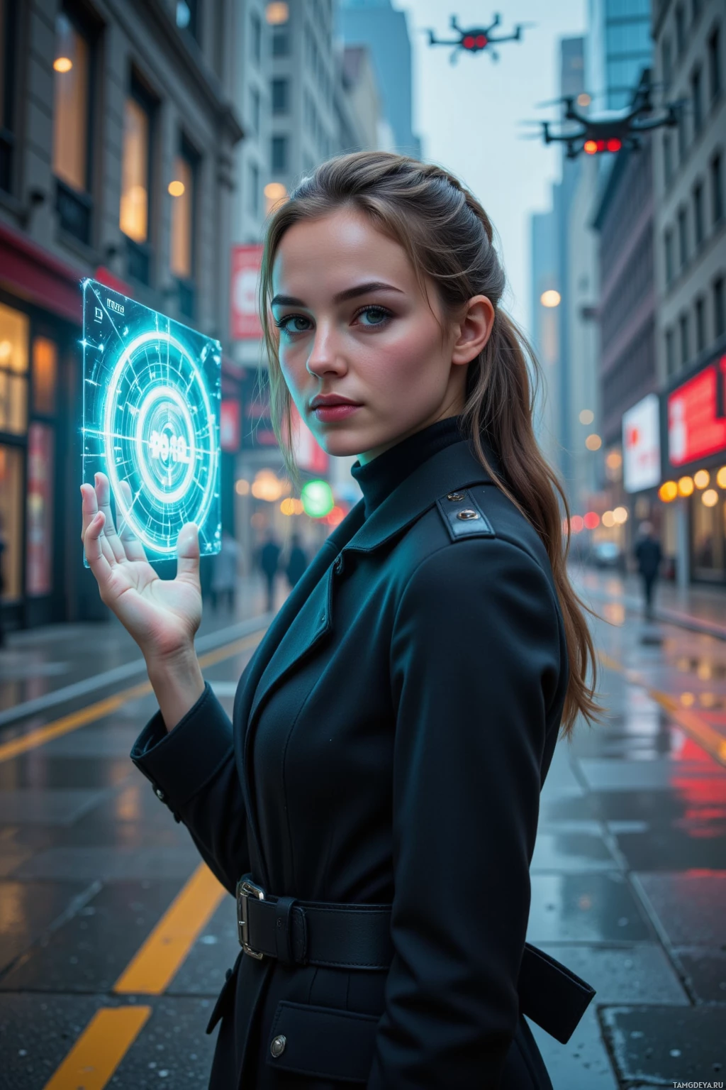 A person stands on a city street holding a futuristic device with a circular interface.