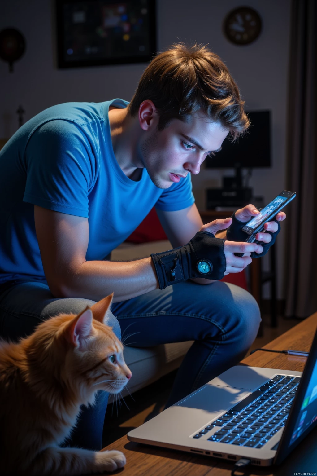 A person wearing fingerless gloves is sitting and using a smartphone, with a cat looking at a laptop on the table.