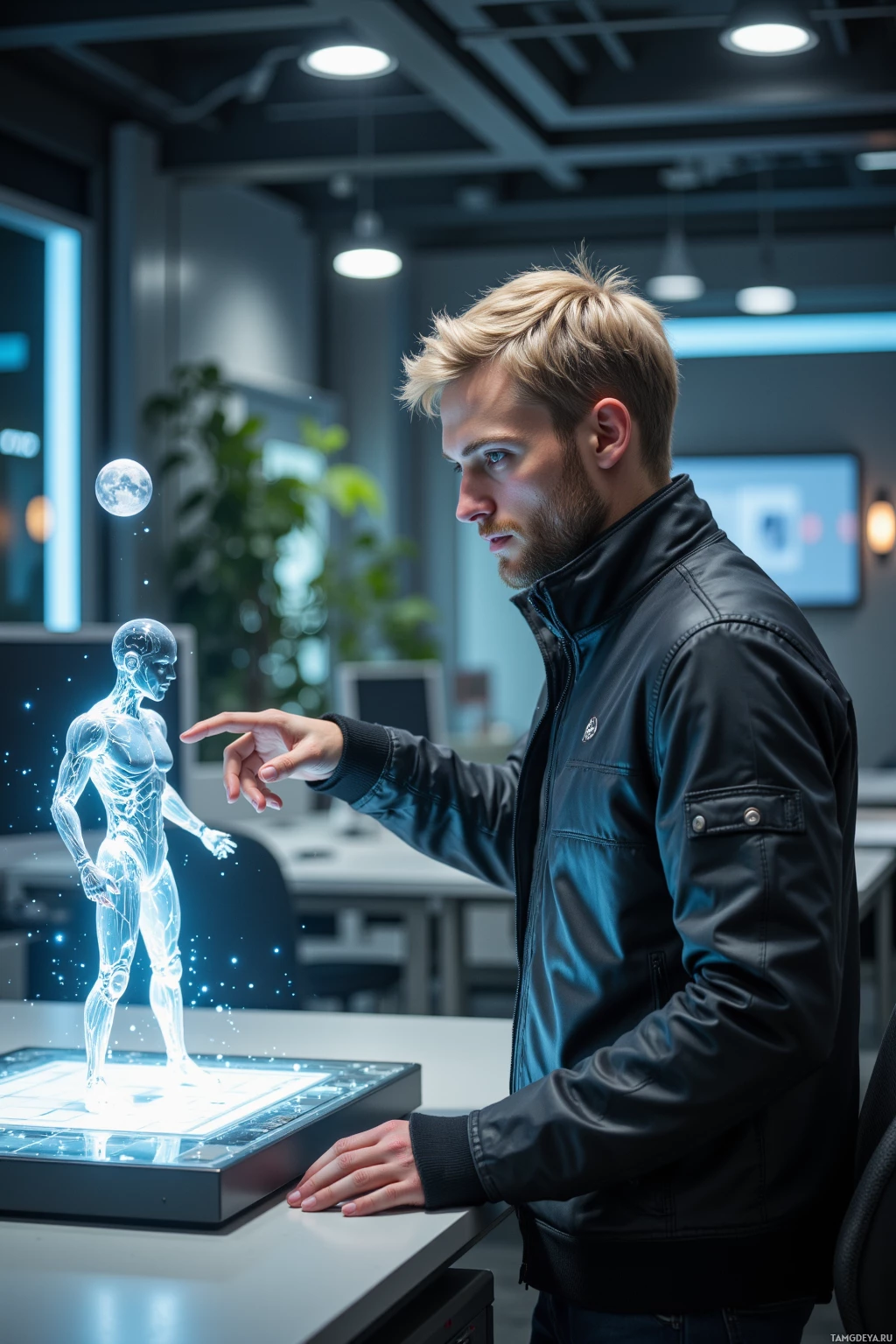 A person interacts with a holographic display of a human body in a modern office setting.