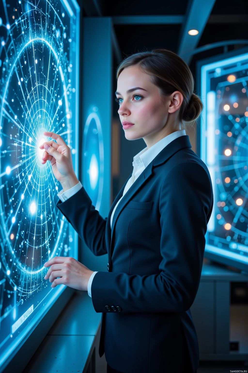 A person in a suit interacts with a futuristic, illuminated display.