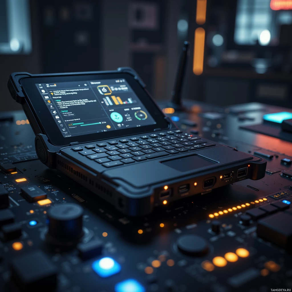 A rugged tablet with a keyboard and screen displaying a user interface is placed on a dark, futuristic control panel with illuminated buttons and lights.