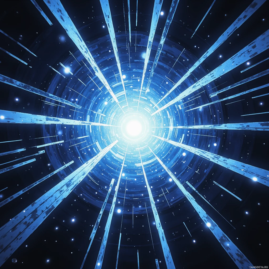 A glowing blue tunnel with streaks and stars leading towards a bright light at its center.