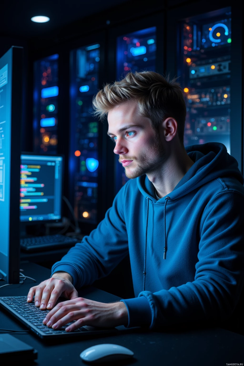 A person in a hoodie is working at a computer with multiple monitors displaying code and data.