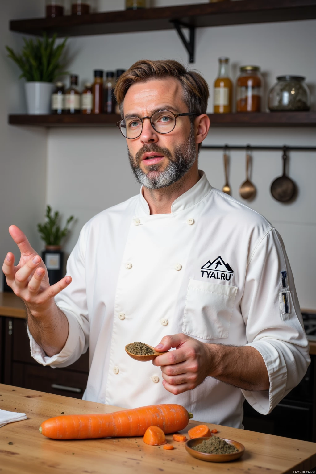 A chef in a white uniform holds a spoonful of seasoning while gesturing with their other hand near a carrot on a wooden table.