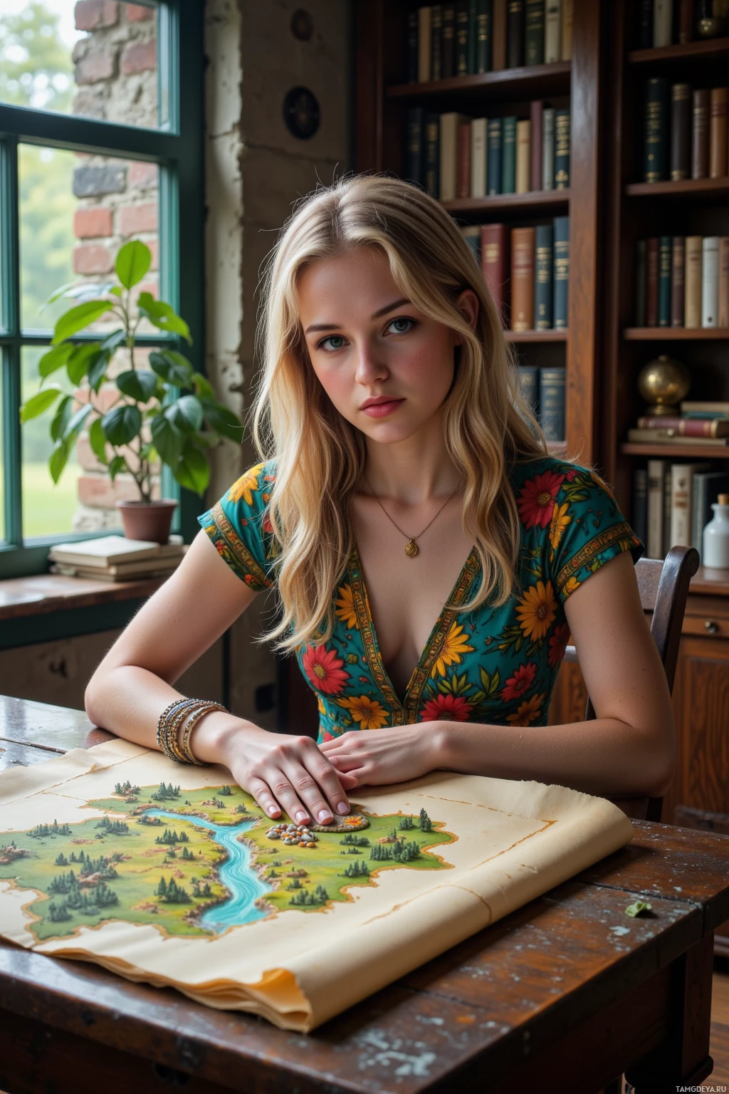 A person in a floral dress sits at a table with a map, surrounded by books and greenery.