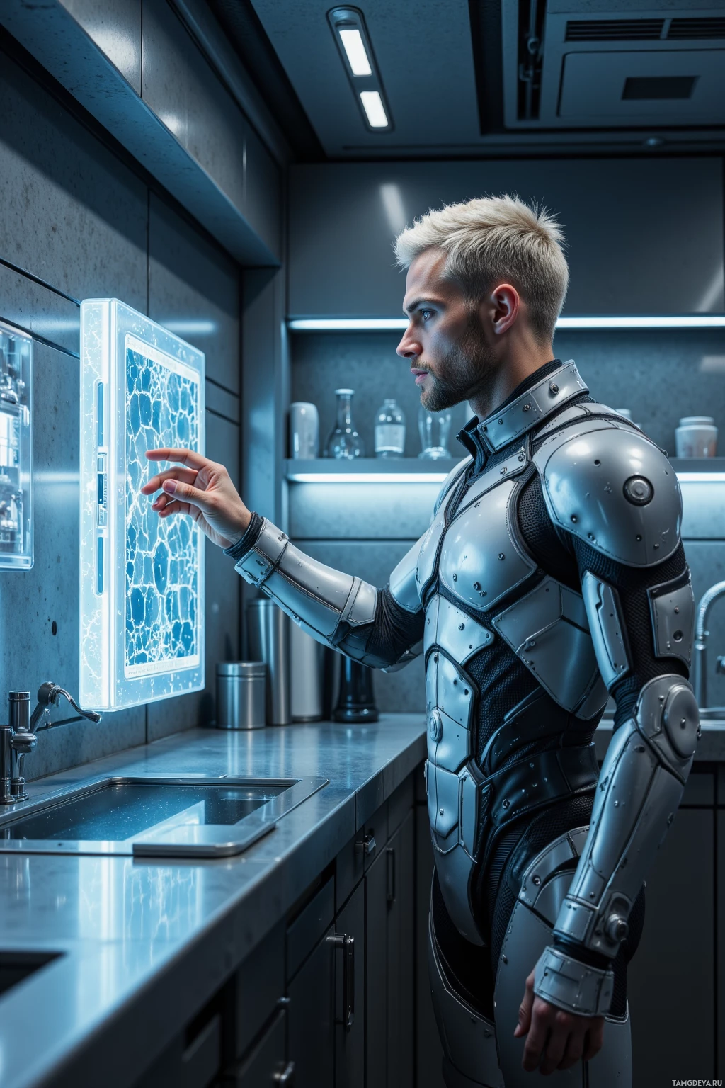 A person in futuristic armor interacts with a high-tech display in a sleek, modern kitchen.