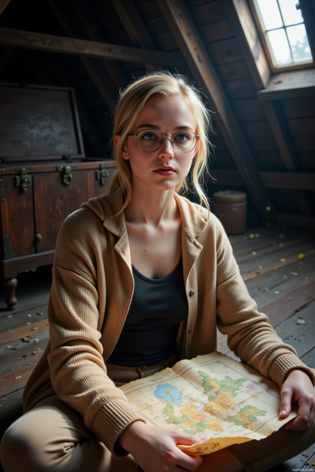 A person sits in a rustic attic, holding an old map.