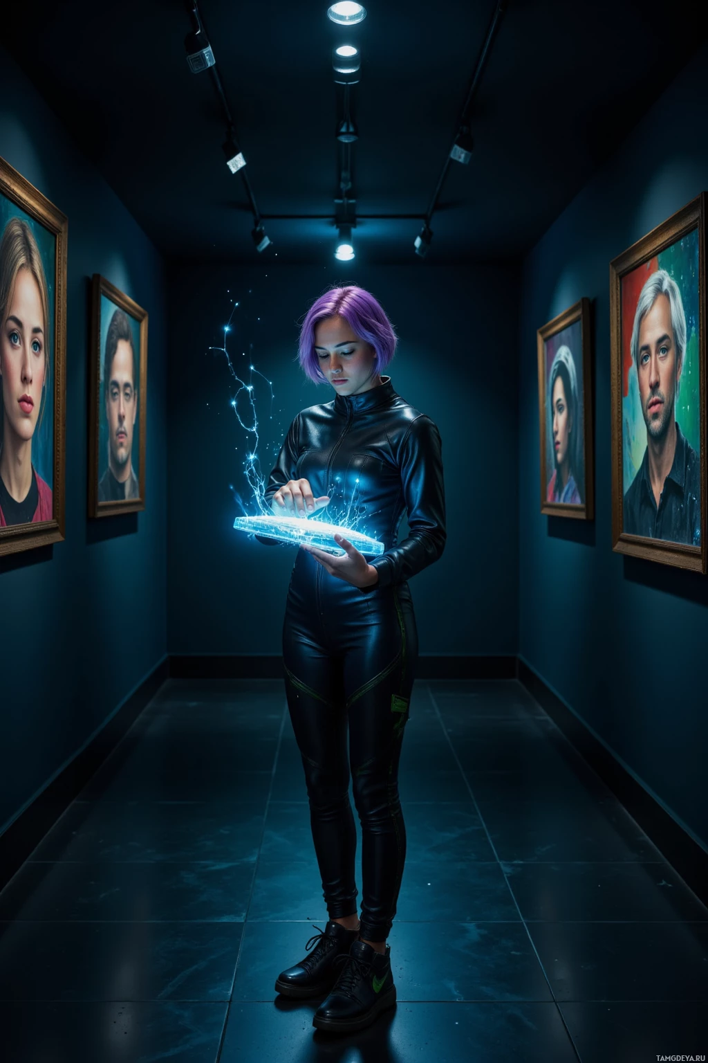 A person in a futuristic outfit stands in a dimly lit hallway holding a glowing, rectangular device.