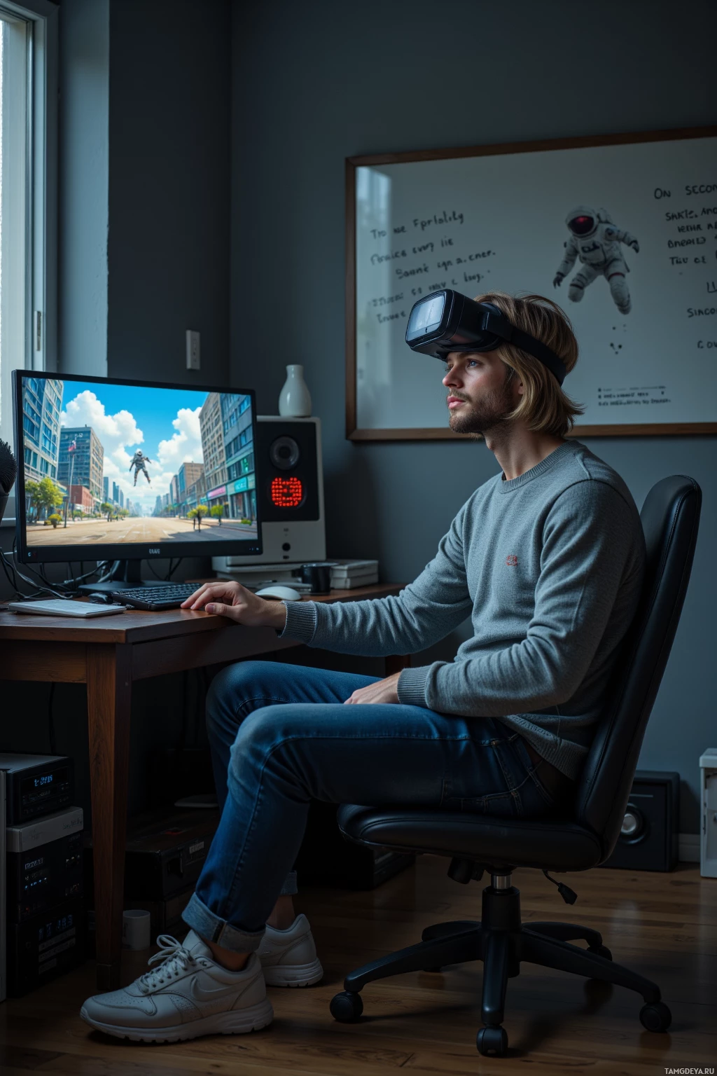 A person wearing a VR headset sits at a desk in front of a computer monitor displaying a cityscape scene.