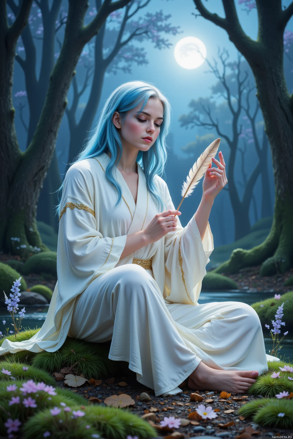 A woman in a white robe sits in a serene forest, holding a feather.